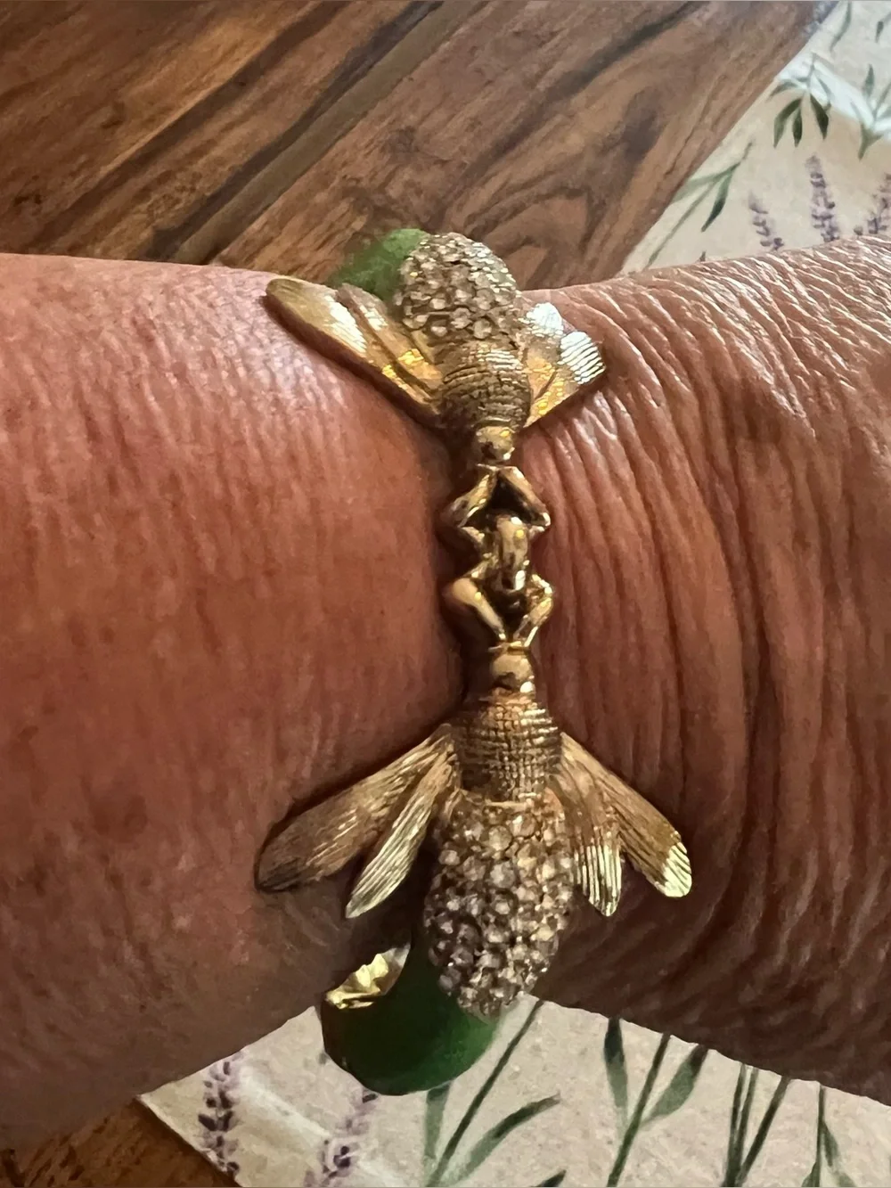 Gold-Tone Hinged Double Bee  Bracelet with Green Enamel and Crystal Accents